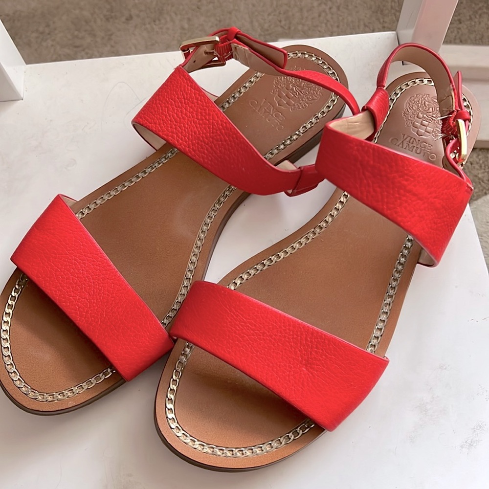 Vince Camuto Red Leather Sandals with Gold Chain Sole Trim